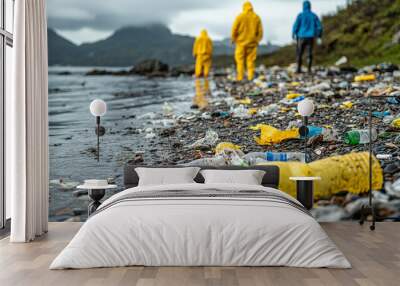 Volunteers clean up a polluted beach, symbolizing community effort, environmental responsibility, and the collective fight against pollution for a sustainable future Wall mural