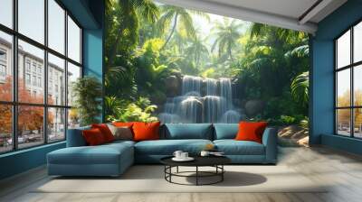 waterfall cascades through a lush tropical rainforest, sunlight filtering through dense green foliage. The tranquil scene captures the essence of natural beauty and serenity in the wilderness Wall mural