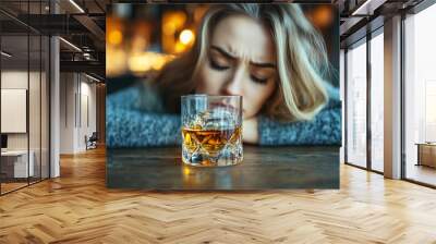 woman gazes down while holding a glass of whiskey, symbolizing emotional turmoil, depression, and the struggles of coping with inner conflict and life's hardships Wall mural