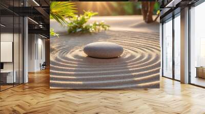 Zen garden with round stone in meticulously raked sand, epitomizing tranquility and mindfulness, perfect for spa relaxation Wall mural