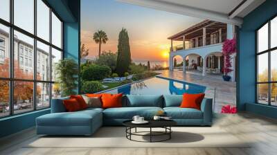 A luxurious Mediterranean-style villa with a pristine pool, vibrant bougainvillea Wall mural