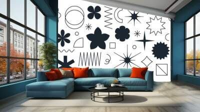 Abstract geometric shapes silhouettes, brutalism forms, black memphis geometric elements. Trendy minimalist basic figures, stars, lines and circles, modern graphic design element vector set Wall mural