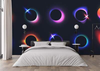 Black frames with blurred neon gradients and sparks, glowing circles with holographic light blur effect. Trendy vivid futuristic blurry circle banner, colorful fluid gradient elements vector set Wall mural