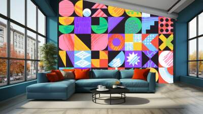 Colorful brutalist background with bold geometric shapes and textured abstract graphic elements. Retro bauhaus style banner with basic figures, lines and circles, swiss pattern vector illustration Wall mural