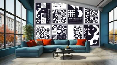 Modern bauhaus style posters with geometric shapes and forms. Brutalism poster with basic figures, lines and abstract graphic elements, retro swiss style monochrome print vector set Wall mural