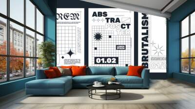 Modern brutalism style posters with geometric shapes and abstract forms. Trendy minimalist monochrome print with simple figures and swiss graphic elements, vector poster template set Wall mural