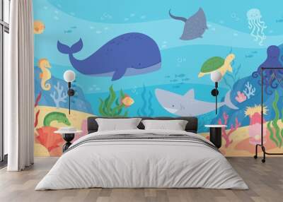 underwater world, sea animals, marine life scene. ocean with corals, turtle, whale, jellyfish, octop Wall mural