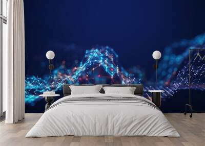 Abstract connected dots and lines. Concept of AI technology, Motion of digital data flow. Communication and technology network concept with moving lines and dots. 3D rendering Wall mural