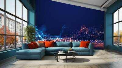 Abstract connected dots and lines. Concept of AI technology, Motion of digital data flow. Communication and technology network concept with moving lines and dots. 3D rendering Wall mural