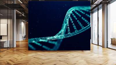 Abstract construction of a DNA molecule from particles. Concept of digital DNA. DNA code structure with glow. Medical research, genetic engineering, biology.  Wall mural