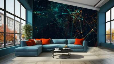 Abstract digital connection moving dots and lines. Technology background. Wall mural