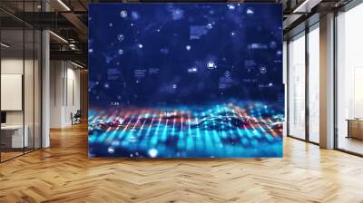 Technology big data network concept. Motion of digital data flow. Transferring of big data, block chain, Communication and technology network concept with moving lines and dots. 3D rendering Wall mural