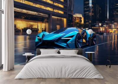 traffic in the city, car in the snow, Blue futuristic car Wall mural