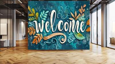 Happy bright welcome poster. Welcoming quote banner on the blue background with colorful leafs and flowers frame. Botanical floral illustration. Lettering composition. AI Generative. Wall mural