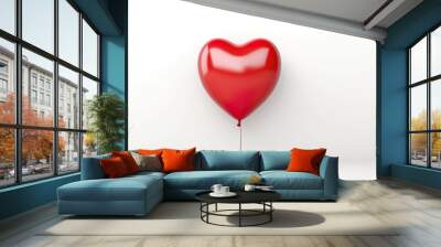 Levitating red heart shaped latex balloon isolated on white background. Valentines day, engagement or wedding party poster. AI Generative Wall mural