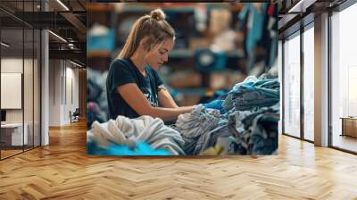 Young woman with straight hair sorting clothes at volunteer center. Clothing donation, humanitarian aid. Sustainability, repurpose, circular economy. Zero waste, community help concept. AI Generative Wall mural