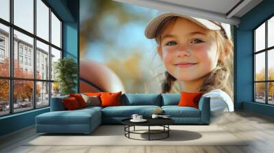 A cheerful girl enjoying basketball on a sunny day at the park Wall mural