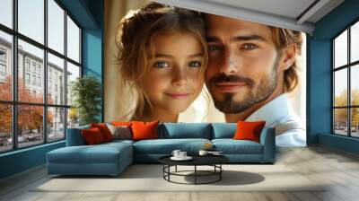 A father and daughter share a warm moment together, smiling softly in front of a sunny window indoors Wall mural