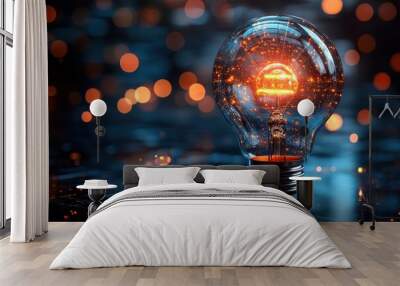 A glowing light bulb illuminated against a dark background filled with warm bokeh effects Wall mural