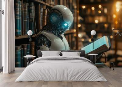 A humanoid robot reads a book in an antique library filled with towering shelves and warm lights Wall mural