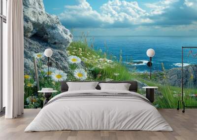 A vibrant coastal landscape adorned with wildflowers overlooking the serene ocean under a blue sky Wall mural