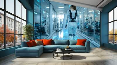 A woman wearing a futuristic suit walks through a high-tech lab with digital interfaces displayed Wall mural