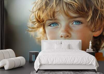 A young boy with curly hair and striking blue eyes enjoys a sunny day outdoors Wall mural