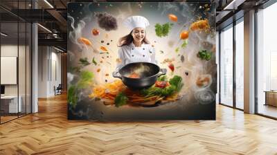 Beautiful positive girl prepares a delicious, healthy dish Wall mural