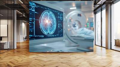 Brain scan displayed on monitor in a modern medical imaging room during patient examination Wall mural