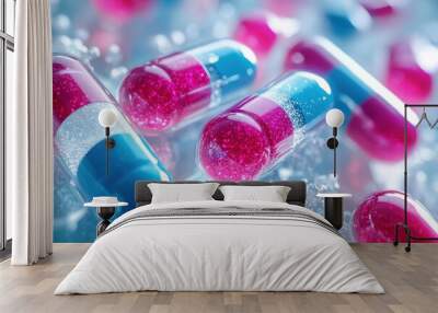 Colorful capsules and tablets arranged on a glass surface highlighting pharmaceutical details Wall mural