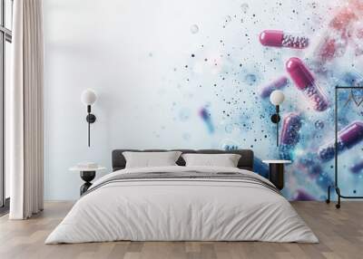 Colorful capsules exploding with particles in a dynamic display of pharmaceutical concepts Wall mural