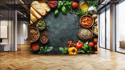 Colorful variety of fresh ingredients and spices arranged on a rustic kitchen countertop Wall mural