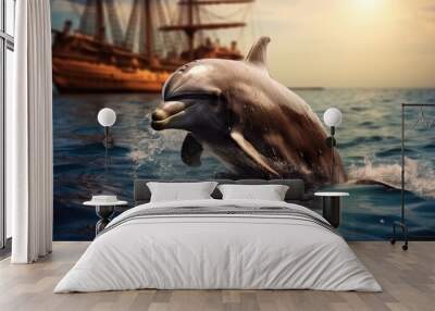 dolphin swim in the blue sea in a picturesque place Wall mural