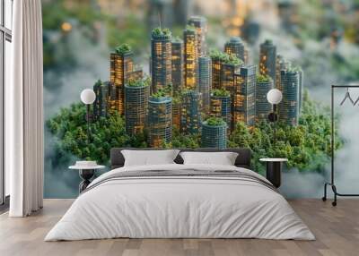 Eco-friendly urban landscape featuring green skyscrapers surrounded by trees at twilight Wall mural