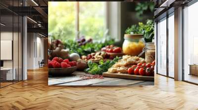 Fresh produce and herbs arranged on a wooden table in a bright kitchen during daytime Wall mural