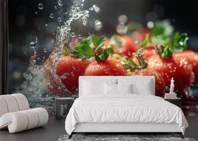 Fresh red tomatoes splashing in water against a dark background, creating a vibrant display Wall mural