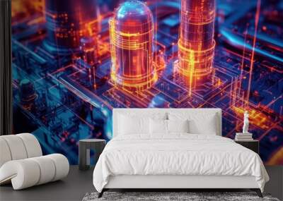 Futuristic cityscape with glowing data lines and industrial structures at night Wall mural