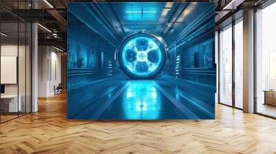 Futuristic transport tunnel with glowing portal in a science fiction setting at night Wall mural