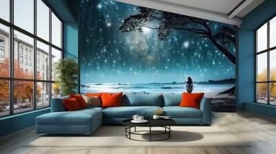 Girl near the sea in the night Wall mural