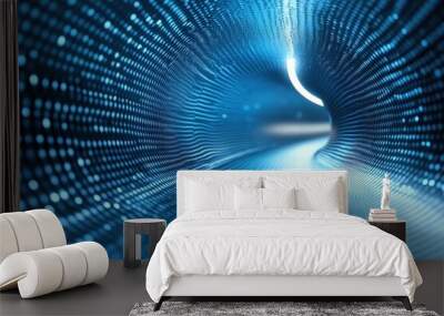 Illuminated tunnel of blue digital patterns with flowing light and depth perception Wall mural