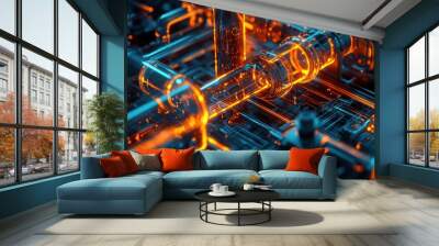 Intricate network of glowing pipes and circuits in a futuristic technology setting Wall mural