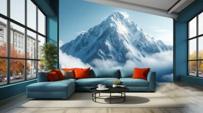 Snow-capped mountain peak towers above a sea of clouds in a clear blue sky during daytime Wall mural