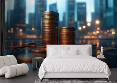 Stacks of coins on a reflective surface with a city skyline illuminated by evening lights at dusk Wall mural