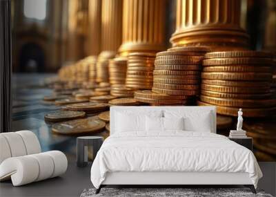 Stacks of gold coins and marble columns in a grand architecture setting during daylight Wall mural