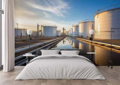 Tank farm with rows of oil storage tanks. Wall mural