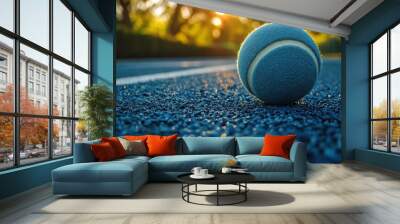 Tennis ball resting on a vibrant court at sunset, highlighting the beauty of evening sports activities Wall mural