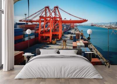 Vibrant and busy cargo port with ships, cranes, and containers Wall mural