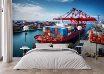 Vibrant and busy cargo port with ships, cranes, and containers Wall mural