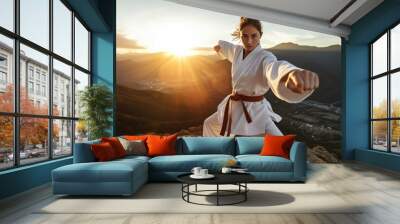 Woman practicing martial arts on the top of a mountain. Generative AI Wall mural