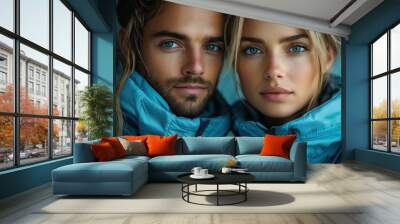 Young couple wearing blue jackets poses closely together with striking blue eyes in a winter setting Wall mural